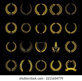 Set of different golden silhouette laurel foliate and olive wreaths depicting an award, achievement, heraldry, nobility, emblem, logo. Vector illustration