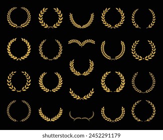 Set of different golden silhouette laurel foliate and olive wreaths depicting an award, achievement, heraldry, nobility, emblem, logo. Vector illustration.