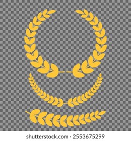 Set of different golden silhouette laurel foliate, wheat and olive wreaths depicting an award, achievement, heraldry, nobility, emblem, logo. Vector illustration.