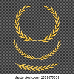 Set of different golden silhouette laurel foliate, wheat and olive wreaths depicting an award, achievement, heraldry, nobility, emblem, logo. Vector illustration.