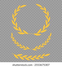 Set of different golden silhouette laurel foliate, wheat and olive wreaths depicting an award, achievement, heraldry, nobility, emblem, logo. Vector illustration.