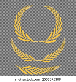 Set of different golden silhouette laurel foliate, wheat and olive wreaths depicting an award, achievement, heraldry, nobility, emblem, logo. Vector illustration.