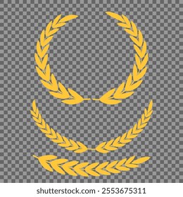 Set of different golden silhouette laurel foliate, wheat and olive wreaths depicting an award, achievement, heraldry, nobility, emblem, logo. Vector illustration.