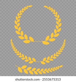 Set of different golden silhouette laurel foliate, wheat and olive wreaths depicting an award, achievement, heraldry, nobility, emblem, logo. Vector illustration.