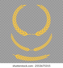 Set of different golden silhouette laurel foliate, wheat and olive wreaths depicting an award, achievement, heraldry, nobility, emblem, logo. Vector illustration.