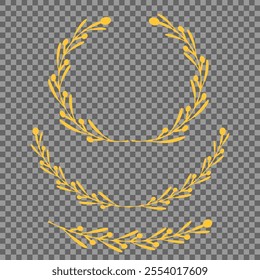 Set of different golden silhouette laurel foliate, wheat and olive wreaths depicting an award, achievement, heraldry, nobility, emblem, logo. Vector illustration.