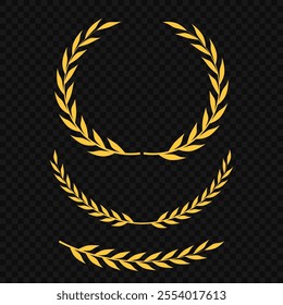 Set of different golden silhouette laurel foliate, wheat and olive wreaths depicting an award, achievement, heraldry, nobility, emblem, logo. Vector illustration.