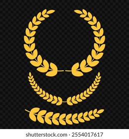 Set of different golden silhouette laurel foliate, wheat and olive wreaths depicting an award, achievement, heraldry, nobility, emblem, logo. Vector illustration.