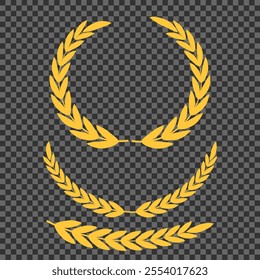 Set of different golden silhouette laurel foliate, wheat and olive wreaths depicting an award, achievement, heraldry, nobility, emblem, logo. Vector illustration.