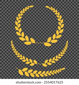 Set of different golden silhouette laurel foliate, wheat and olive wreaths depicting an award, achievement, heraldry, nobility, emblem, logo. Vector illustration.