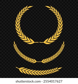 Set of different golden silhouette laurel foliate, wheat and olive wreaths depicting an award, achievement, heraldry, nobility, emblem, logo. Vector illustration.