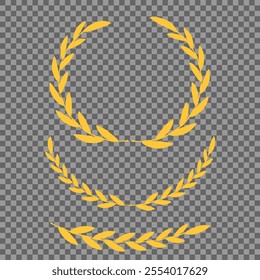 Set of different golden silhouette laurel foliate, wheat and olive wreaths depicting an award, achievement, heraldry, nobility, emblem, logo. Vector illustration.