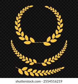 Set of different golden silhouette laurel foliate, wheat and olive wreaths depicting an award, achievement, heraldry, nobility, emblem, logo. Vector illustration.