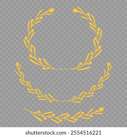 Set of different golden silhouette laurel foliate, wheat and olive wreaths depicting an award, achievement, heraldry, nobility, emblem, logo. Vector illustration.