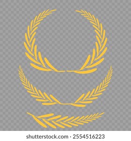 Set of different golden silhouette laurel foliate, wheat and olive wreaths depicting an award, achievement, heraldry, nobility, emblem, logo. Vector illustration.