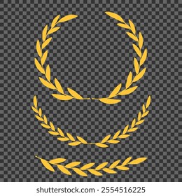 Set of different golden silhouette laurel foliate, wheat and olive wreaths depicting an award, achievement, heraldry, nobility, emblem, logo. Vector illustration.