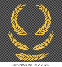 Set of different golden silhouette laurel foliate, wheat and olive wreaths depicting an award, achievement, heraldry, nobility, emblem, logo. Vector illustration.