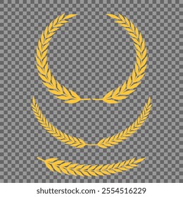 Set of different golden silhouette laurel foliate, wheat and olive wreaths depicting an award, achievement, heraldry, nobility, emblem, logo. Vector illustration.