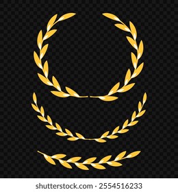 Set of different golden silhouette laurel foliate, wheat and olive wreaths depicting an award, achievement, heraldry, nobility, emblem, logo. Vector illustration.