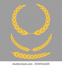 Set of different golden silhouette laurel foliate, wheat and olive wreaths depicting an award, achievement, heraldry, nobility, emblem, logo. Vector illustration.