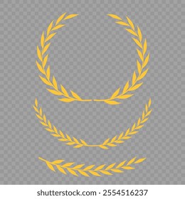 Set of different golden silhouette laurel foliate, wheat and olive wreaths depicting an award, achievement, heraldry, nobility, emblem, logo. Vector illustration.