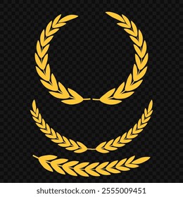 Set of different golden silhouette laurel foliate, wheat and olive wreaths depicting an award, achievement, heraldry, nobility, emblem, logo. Vector illustration.