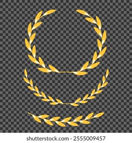 Set of different golden silhouette laurel foliate, wheat and olive wreaths depicting an award, achievement, heraldry, nobility, emblem, logo. Vector illustration.