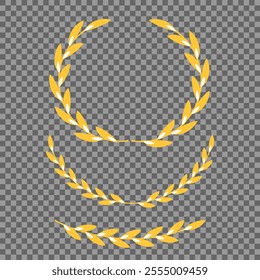 Set of different golden silhouette laurel foliate, wheat and olive wreaths depicting an award, achievement, heraldry, nobility, emblem, logo. Vector illustration.