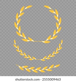 Set of different golden silhouette laurel foliate, wheat and olive wreaths depicting an award, achievement, heraldry, nobility, emblem, logo. Vector illustration.