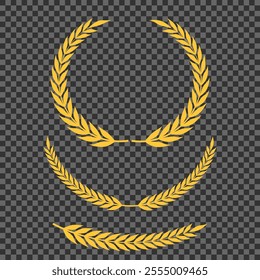 Set of different golden silhouette laurel foliate, wheat and olive wreaths depicting an award, achievement, heraldry, nobility, emblem, logo. Vector illustration.