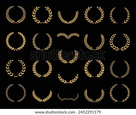 Set of different golden silhouette laurel foliate and olive wreaths depicting an award, achievement, heraldry, nobility, emblem, logo. Vector illustration.