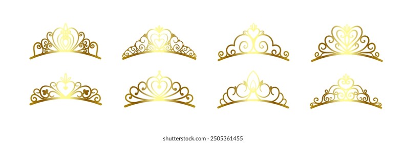 Set of different golden silhouettes of tiaras and crowns. Luxurious prince and princess headdresses in doodle style.