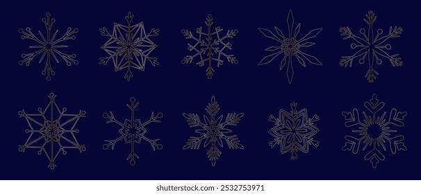 Set of different golden snowflakes, decorative winter elements for Christmas decor. Vector graphics.
