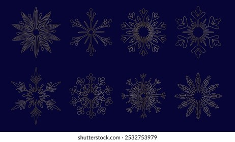 Conjunto de diferentes copos de nieve dorados, Elementos decorativos de invierno para la decoración de Navidades. Gráficos de Vector.