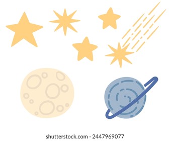 Set of different golden stars with moon vector illustration isolated on white background