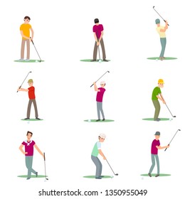 Set of different golf players isolate on white background