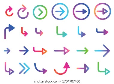 Set of different gradient multicolored pointers and arrows. Isolated single arrows and arrows in circle on white background. Vector illustration.