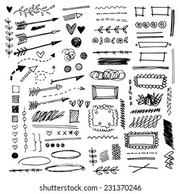 Set of different graphic elements in doodle style. Vector hand-drawn elements - arrows and stripes, underscore lines, floral ornament, hearts, separation, strokes and other symbols