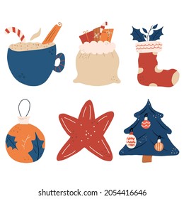 Set of different graphic elements for New year. Christmas tree, ball, gifts, star. Vector hand-drawn illustration.