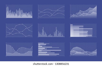 Set of different graphs and charts. Infographics and diagnostics, charts and schemes vector. Business charts and graphs infographic elements. Currency business and market charts vector set. 