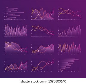Set of different graphs and charts. Infographics and diagnostics, charts and schemes vector. Business charts and graphs infographic elements. Currency business and market charts vector set.