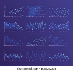 Set of different graphs and charts. Infographics and diagnostics, charts and schemes vector. Business charts and graphs infographic elements. Currency business and market charts vector set. 