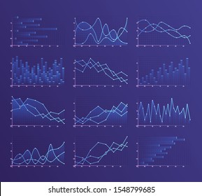 Set of different graphs and charts. Infographics and diagnostics, charts and schemes vector. Business charts and graphs infographic elements. Currency business and market charts vector set. 