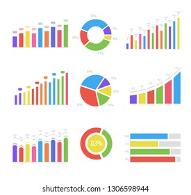 Set of different graphs and charts, information on charts, statistical data. Business charts and graphs infographic elements. Vector illustration.