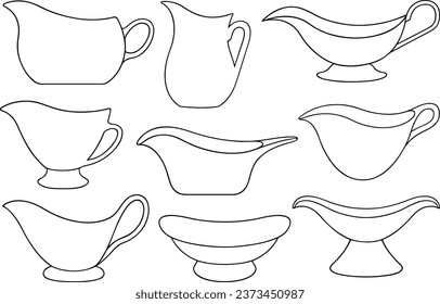 Set of different gravy sauce boats isolated on white