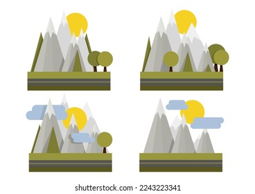 Set of different gray geometric mountains and trees at the bottom with a road