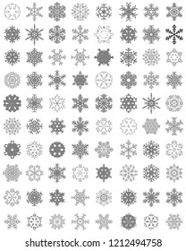 Set of different gray snowflakes on a white background