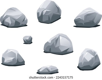 Set of different gray stones on ground isolated illustration, landscape design elements, stones for compositions in different angles