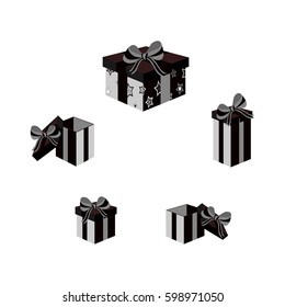 Set of different gray wrapped gift boxes. Flat design. Beautiful present with bow. Symbol and icon for Christmas gift box. Isolated vector illustration.