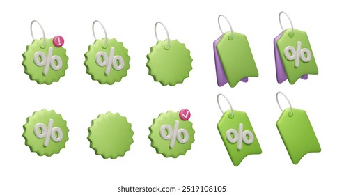 Set of different green 3D discount price tags. Online shopping, special promo offer, promotion percent label 3d vector render. Sale voucher coupon discount price tags 3d icon set bundle.
